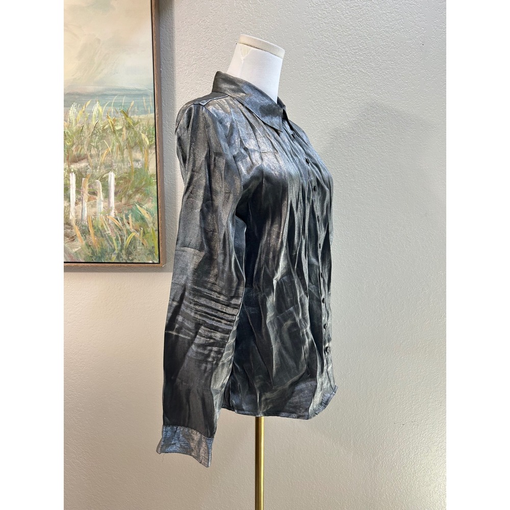 Bentley Metallic Silver Button Up Blouse Y2K Futuristic Disco Shirt L - Picture 2 of 7